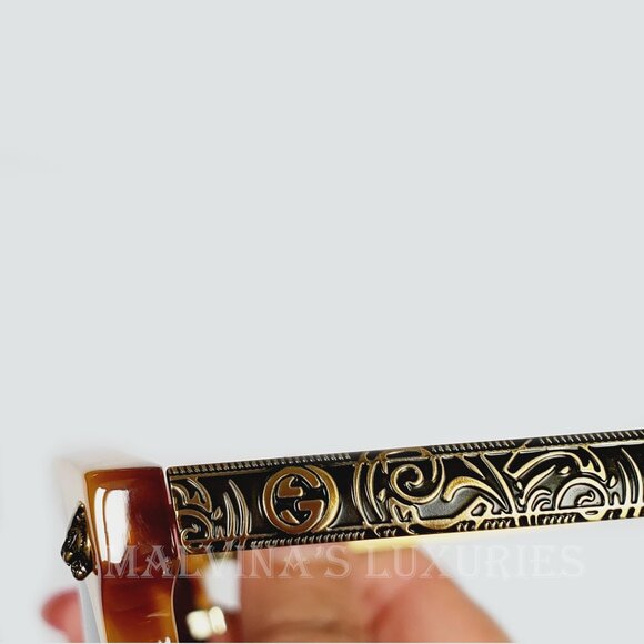 GUCCI SUNGLASSES GG00222 003 HAVANA ACETATE METAL TIGER HEAD GG LOGO ENG…